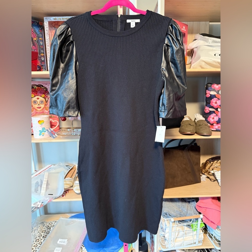 Bar III Ribbed Sweater Dress w/ Faux Leather Sleeves | Size Large | NWT